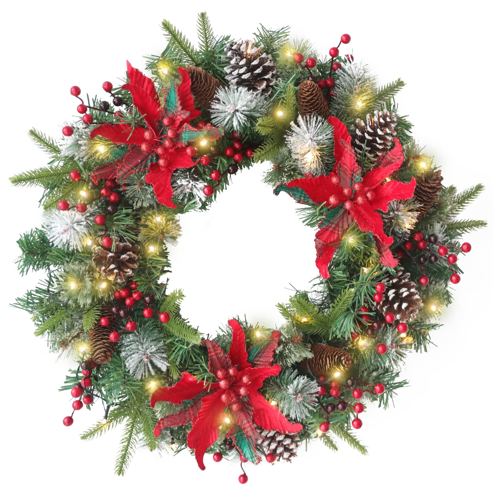 Photo 1 of 24 Inch Christmas Wreaths for Front Door, Christmas Door Wreath with Pine Cones,Berries Battery Operated LED Lights, Large Artificial Christmas Wreath for Outdoor Holiday Xmas Decorations