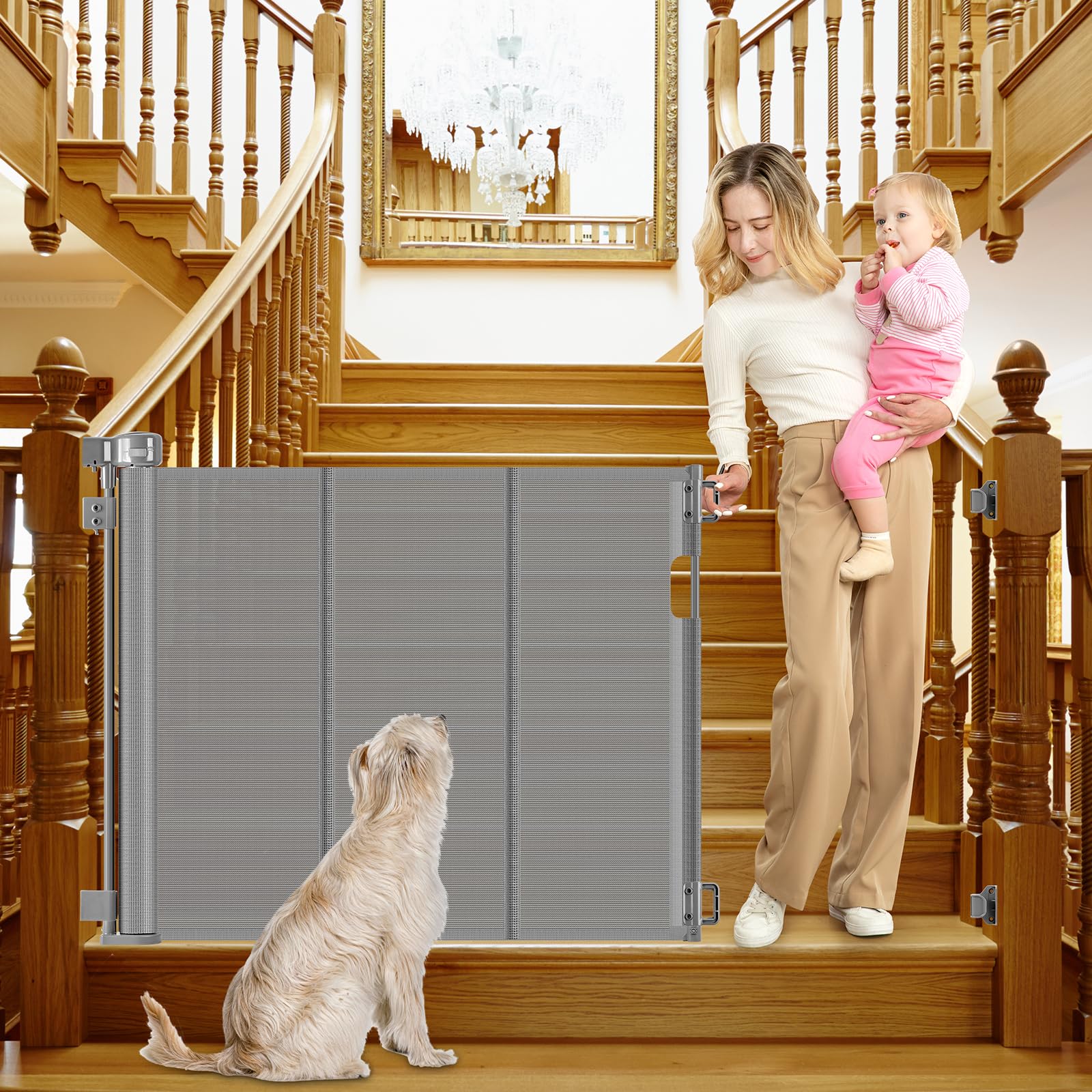 Photo 1 of Reinforced Retractable Pet Gate for Stairs 55 Inch Retractable Baby Gates for Doorway Retractable Stair Gates for Kids or Pets Retractable Gate for Stair Post, Banister, Staircase, Stairway, Handrail