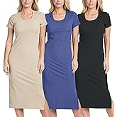 Real Essentials 3 Pack: Women's Ribbed Jersey Crew Neck Short Sleeve Midi Length Dress with Side Slit