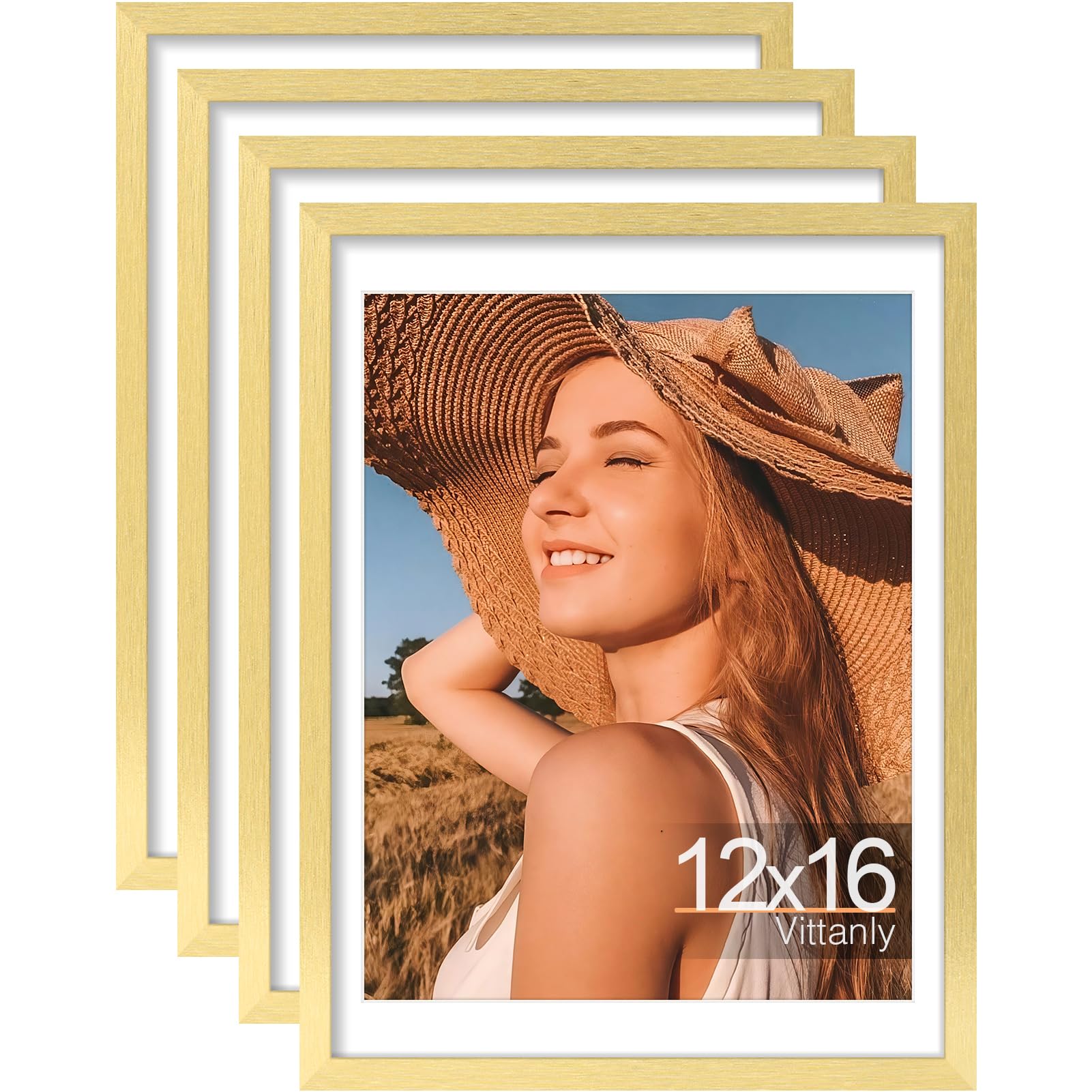 Vittanly 12x16 Picture Frames Set of 4, Display Pictures 11x14 with Mat or 12x16 without Mat, Gallery Frame for Wall Display, Engineered Wood with Shatter Resistant Plexiglass, Gold Image