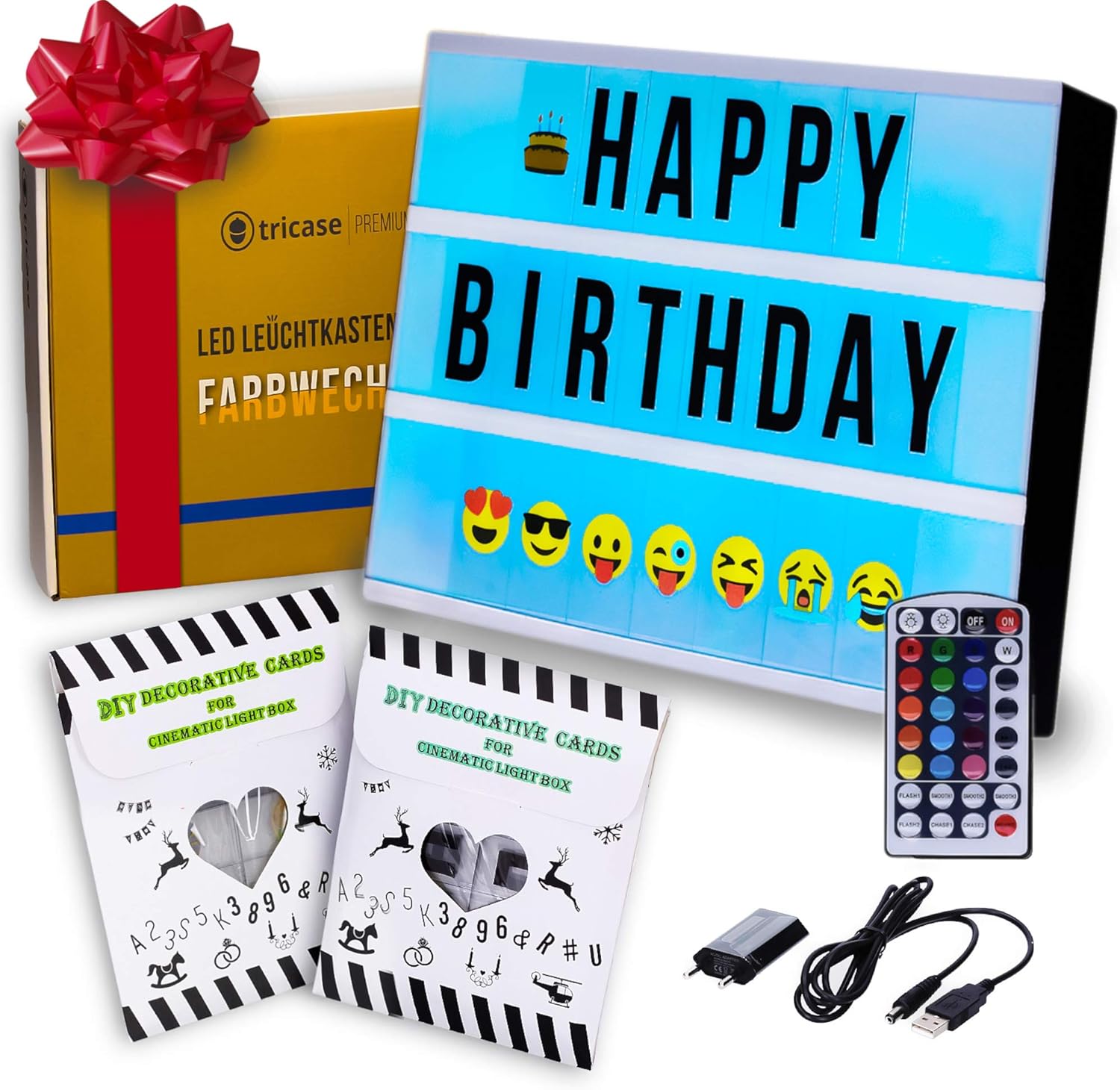 TESTSIEGER LED Lightbox mit Buchstaben – A4 Leuchtkasten mit Farbwechsel, MEGA Set inkl. 173 Buchstaben, 85 farbige Emojis, 1,5m USB Kabel, Netzteil, Fernbedienung mit Dimmer, Perfektes Deko Geschenk