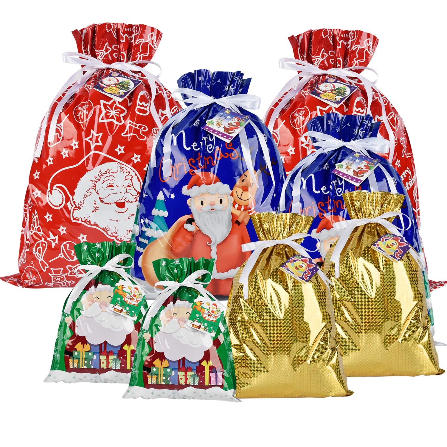AUERVO 8pcs Assorted Christmas Wrapping Gift Bags with Tags Cards, Holiday Present Goodies Bags for Xmas Holiday Party