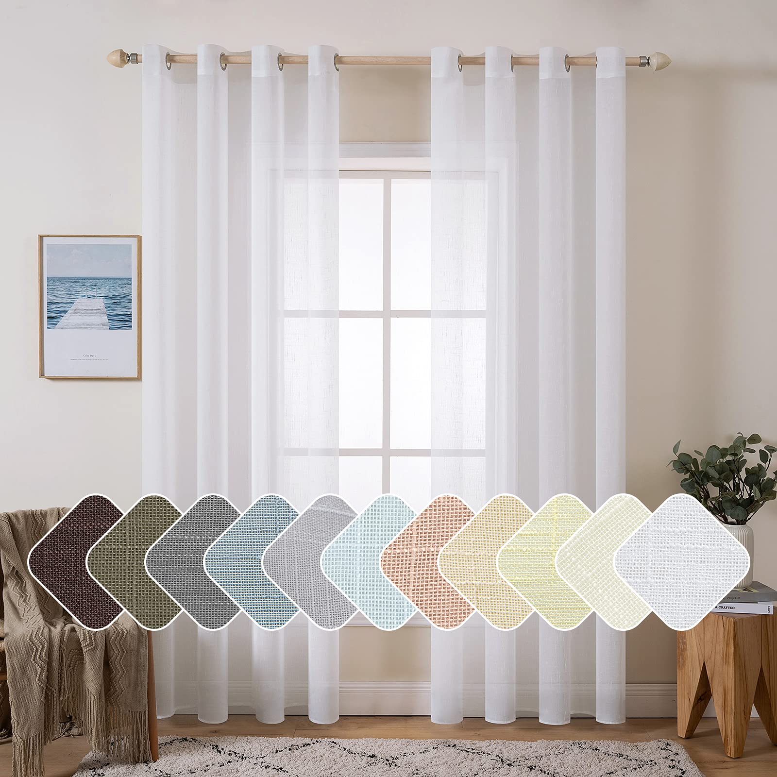 Photo 1 of MIULEE 2 Panels Natural Linen Sheer Window Curtains Elegant Solid White Drapes Grommet Top Window Voile Panels Linen Textured Panels for Bedroom Living Room (52X96 Inch)