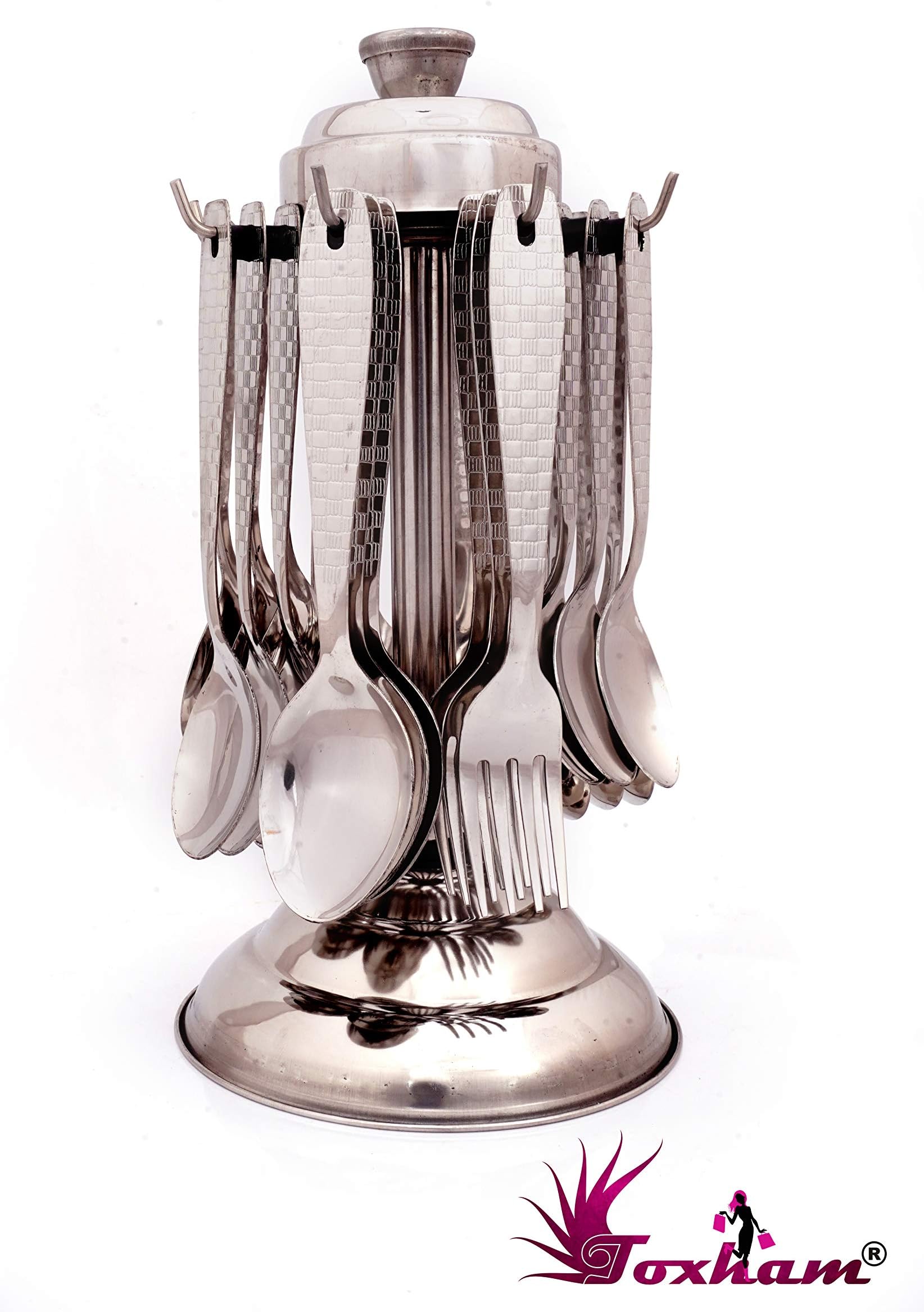 Toxham Regular Revolving Kitchen Cutlery Serving Set with Revolving Stand Made from Stainless Steel Pack of 24 Pieces