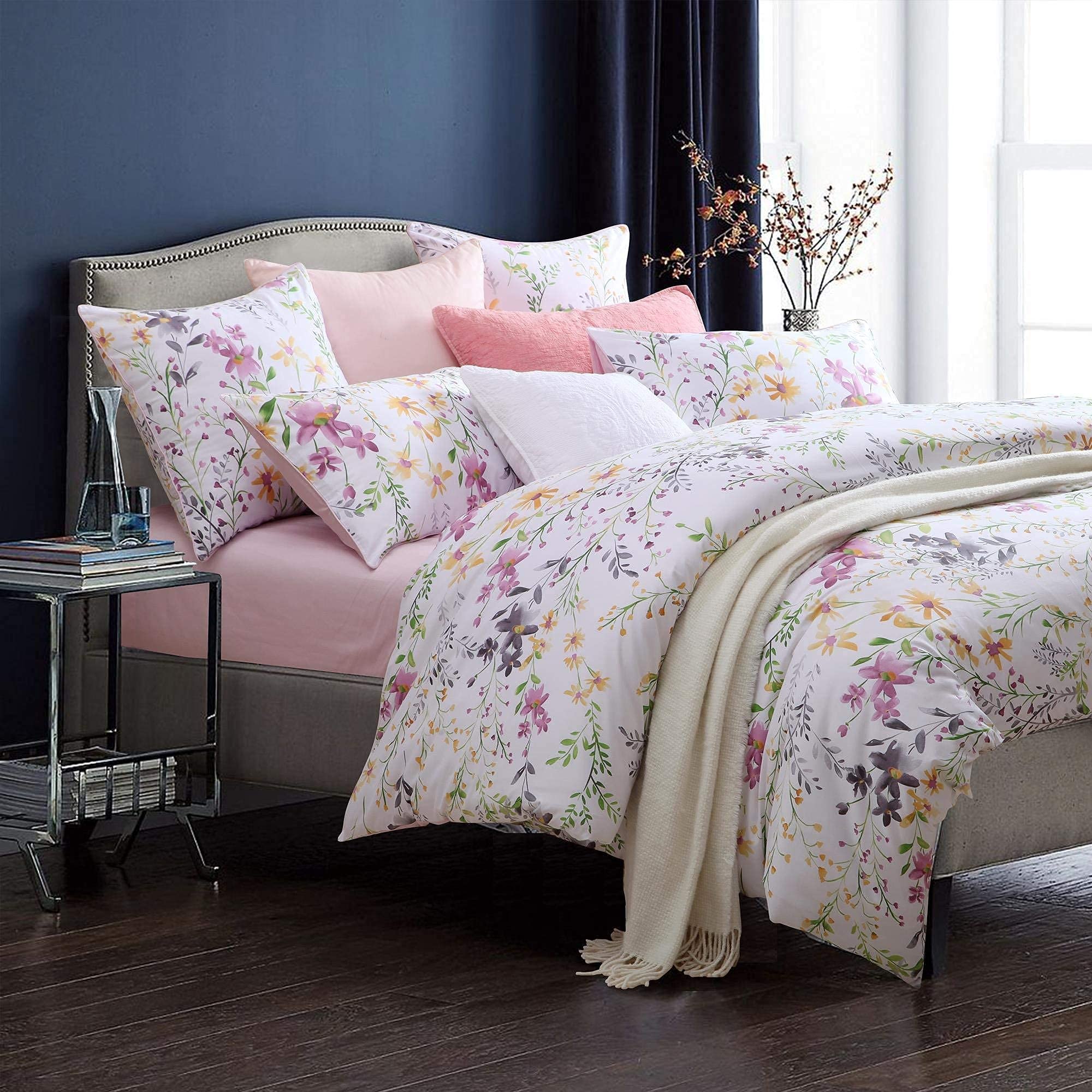Brandream Floral Bedding Set King Size Duvet Cover Set 100% Soft & Luxurious Egyptian Cotton 800 Thread-Count 3 Piece Blossom Flower Print -White Pink Purple โ image 1