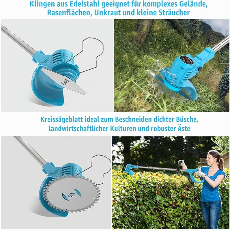 Rasentrimmer mit Akku 21V, Freischneider mit 2 Akkus 2.0Ah, 2 Arten von Metal Klingen Akku Rasentrimmer, Gartenschere, Verstellbarer Griff für Rasen Garten Beschneiden, Blau (Blau)