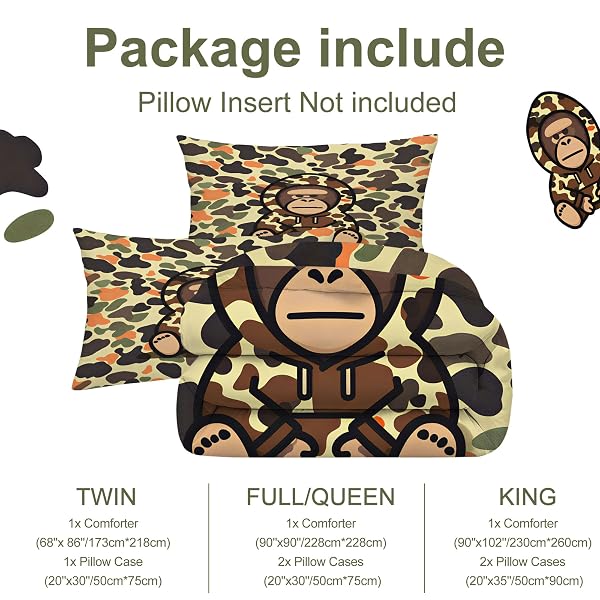 VTKON CAMOUFLAGE BEDDING SET FULL/QUEEN FOR BOYS KIDS TEENS AUDLTS CARTOON GORILLA COMFORTER SET CAMO ARMY GREEN MILITARY BED SET FOR BEDROOM HIP HOP ART QUILT SET WITH 1 COMFORTER + 2 PILLOWCASES