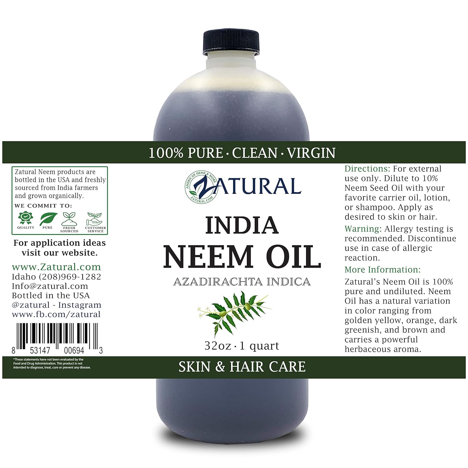 Organic Neem Oil (16 oz) 100% Pure Cold Press Skin, Hair, and Nails : Beauty