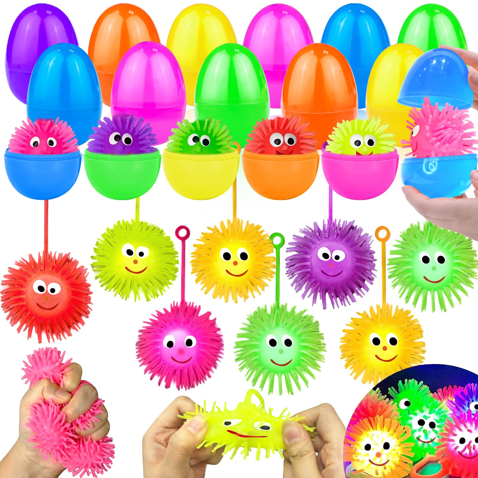Easter Basket Stuffers for Kids 12 Pack Glow in The Dark Easter Eggs Filled with Light Up Puffer Balls, Fidget Toys Sensory Stress Relief Squeeze Balls, Surprise Egg Hunt Party Favors Classroom Prizes