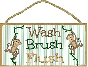 Blackwater Trading Monkeys, Wash, Brush Flush Kids Bathroom Sign Plaque 5"x10"