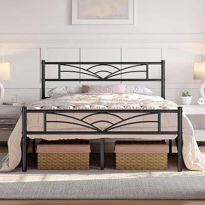 Yaheetech 4ft6 Double Bed Frame Cloud Headboard Metal Slats 363kg Black