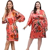 QXQTER Peony Floral Silky Satin Robe Wedding Bridal Party Bride Bridesmaid Robes for Women Dressing Gown Kimono Robe