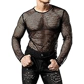 JOGAL Men's Mesh Fishnet Fitted Long Sleeve Muscle Top
