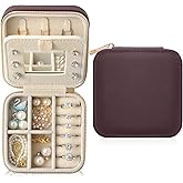 NGVRC Genuine Leather Travel Jewelry Organizer Case with Mirror for Women, Small Mini Portable Jewelry Box for Earring, Ring, Necklace, Bracelet(Burgundy)