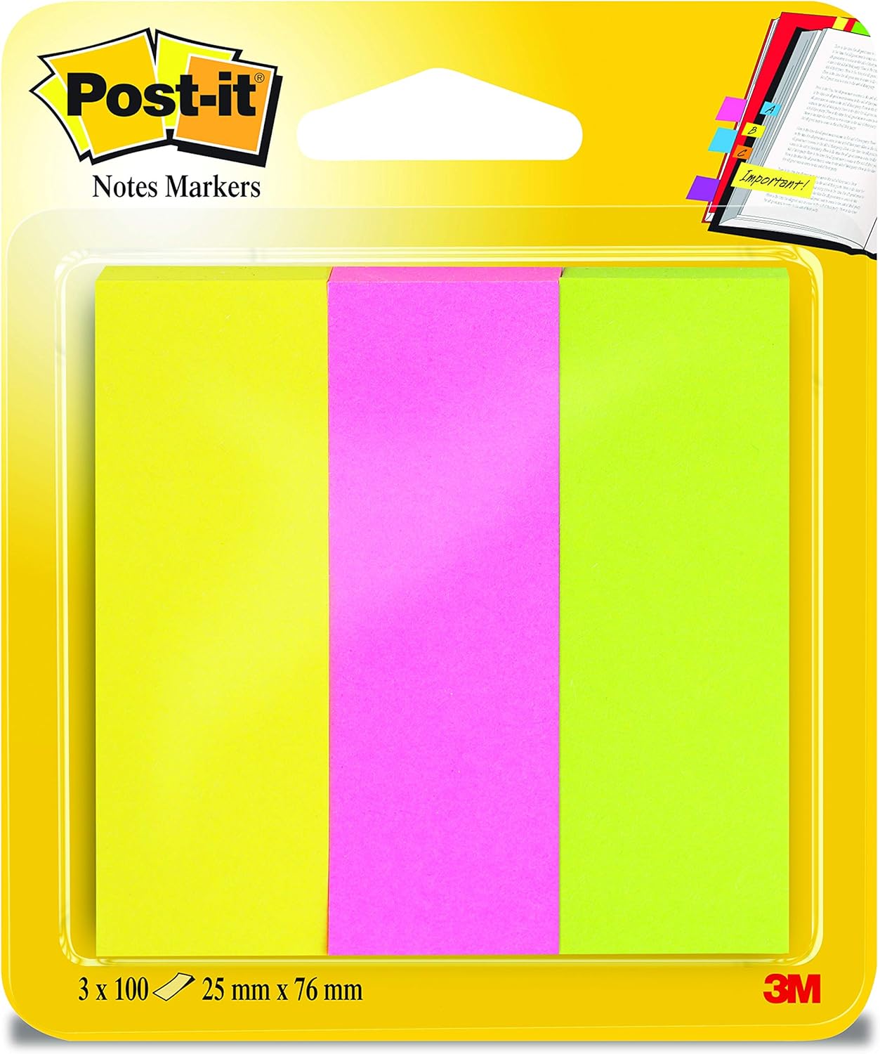 Postit 36339 Paper Page Marker, 25 x 76 mm, 3 Neon Colours, Yellow