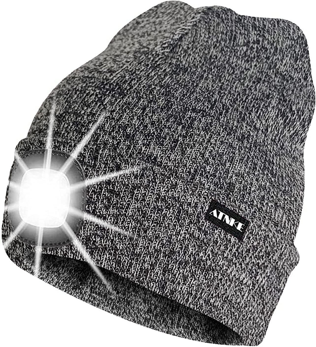 ATNKE LED Lighted Beanie Cap,USB Rechargeable Running Hat Ultra Bright 4 LED Waterproof Light Winter Warm Gifts for Men and Women/Blended Black White