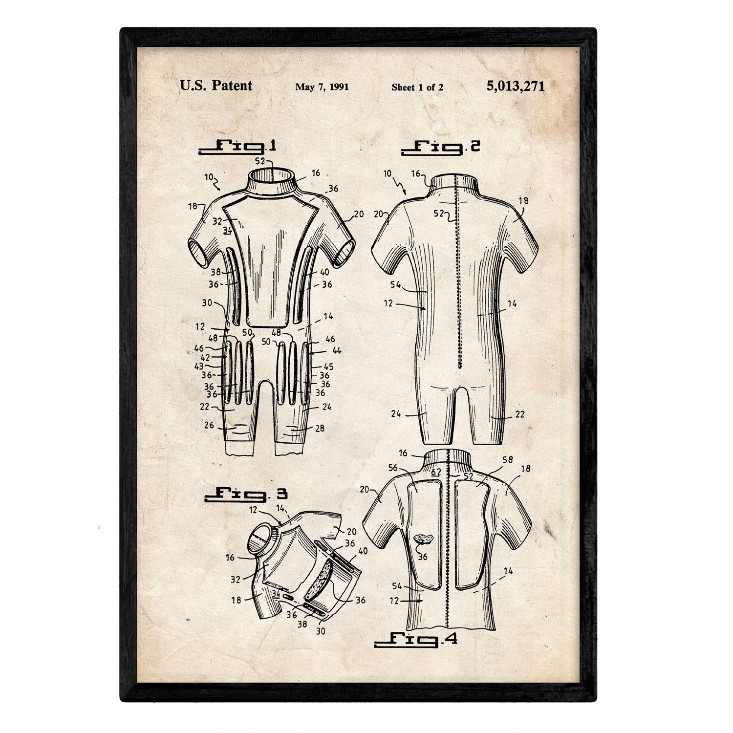 Nacnic Poster patent wetsuit. Sheet with old design patent in A3 size and vintage background