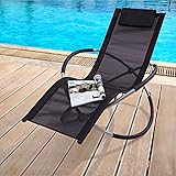 'Zen' Black Folding Garden Sun Lounger Rocking Chair | Lightweight Moon Rocker Patio Chair | Sunlounger For Indoor or Outdoor Use | Easy Care Textilene