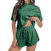 Allmloers Womens Split Short Pajama Set Striped Short Sleeve Crewneck Tee and Side Slit Sleepwear Set 2 Piece Cotton Pjs Set