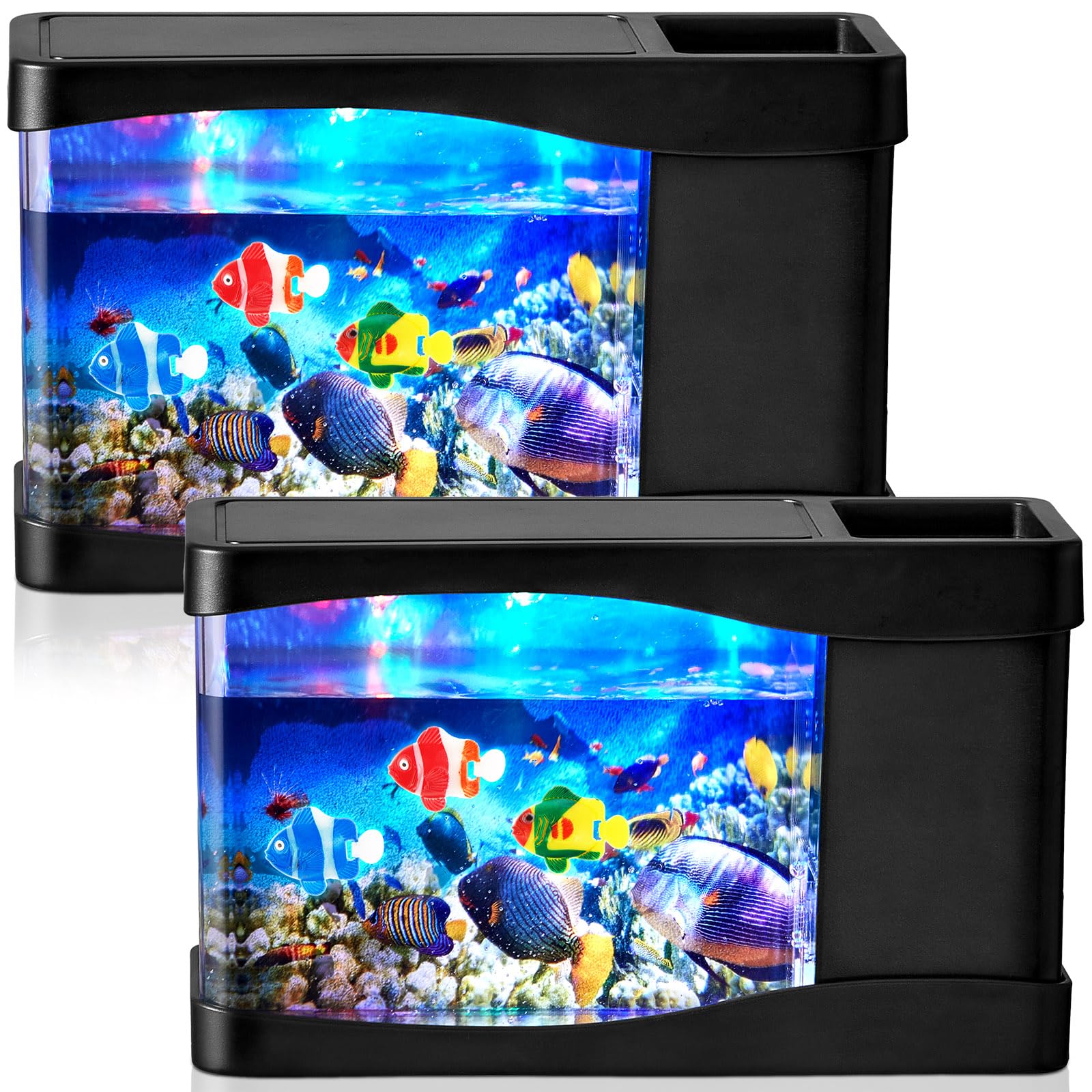 Photo 1 of **TANK ONLY**Rossesay 2 Sets Artificial Fish Tank Virtual Ocean Toy in Motion Lamp, Mini Office Desk Aquarium with 6 Moving Swimming Fish 6 Decorative Lamp LED Lights, Mini Tropical Aquarium