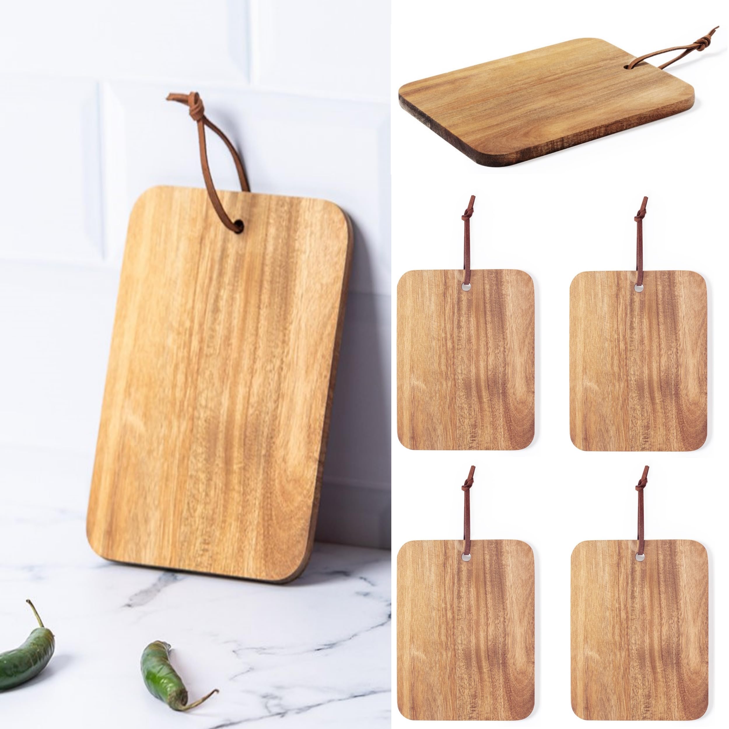 Set of 6 Breakfast Boards, Snack Boards, Bread Plates, Chopping Boards, Wooden Serving Boards 20 cm x 15 cm with Hanger