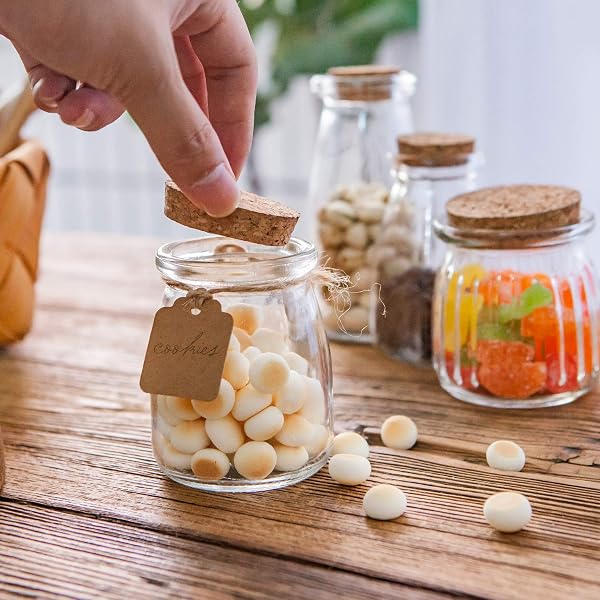 BRAJTTT MINI YOGURT JARS 30 PACK, 7 OZ GLASS FAVOR JARS WITH CORK LIDS, PUDDING CONTAINERS WITH LIDS, MASON JAR WEDDING FAVORS HONEY POT WITH LABEL TAGS AND STRING