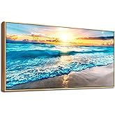 MHARTK66 Large Canvas Wall Art For Living Room Wood Framed Wall Decor For Bedroom Blue Beach Seascape Wall Paintings Modern Office Decorations Home Decor Poster Artwork Ready to Hang Wall Pictures
