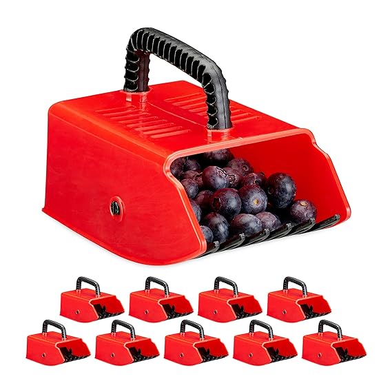Relaxdays 10 x Beerenpflücker, Erntehelfer, Kunststoff, für Heidelbeeren, Johannisbeeren, Blaubeeren, Beerenkamm, rot/schwarz