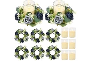 Acmee Rose Candle Rings with Flameless Candles Sets - 12PCS Artificial Flower Eucalyptus Wedding Centerpiece 3 Inch Pillar Candleholders Wreaths for Wedding Party Decor(6 Set) (Blue)