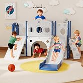 GITAWUSA 9 in 1 Toddler Slide Set Playground Indoor &amp; Outdoor Fun for Kids &amp; Babies Aged 1-3, Featuring Climbing Board, Basketball Hoop, Telescope, Storage Space and Non-Slip Steps, Blue &amp; White