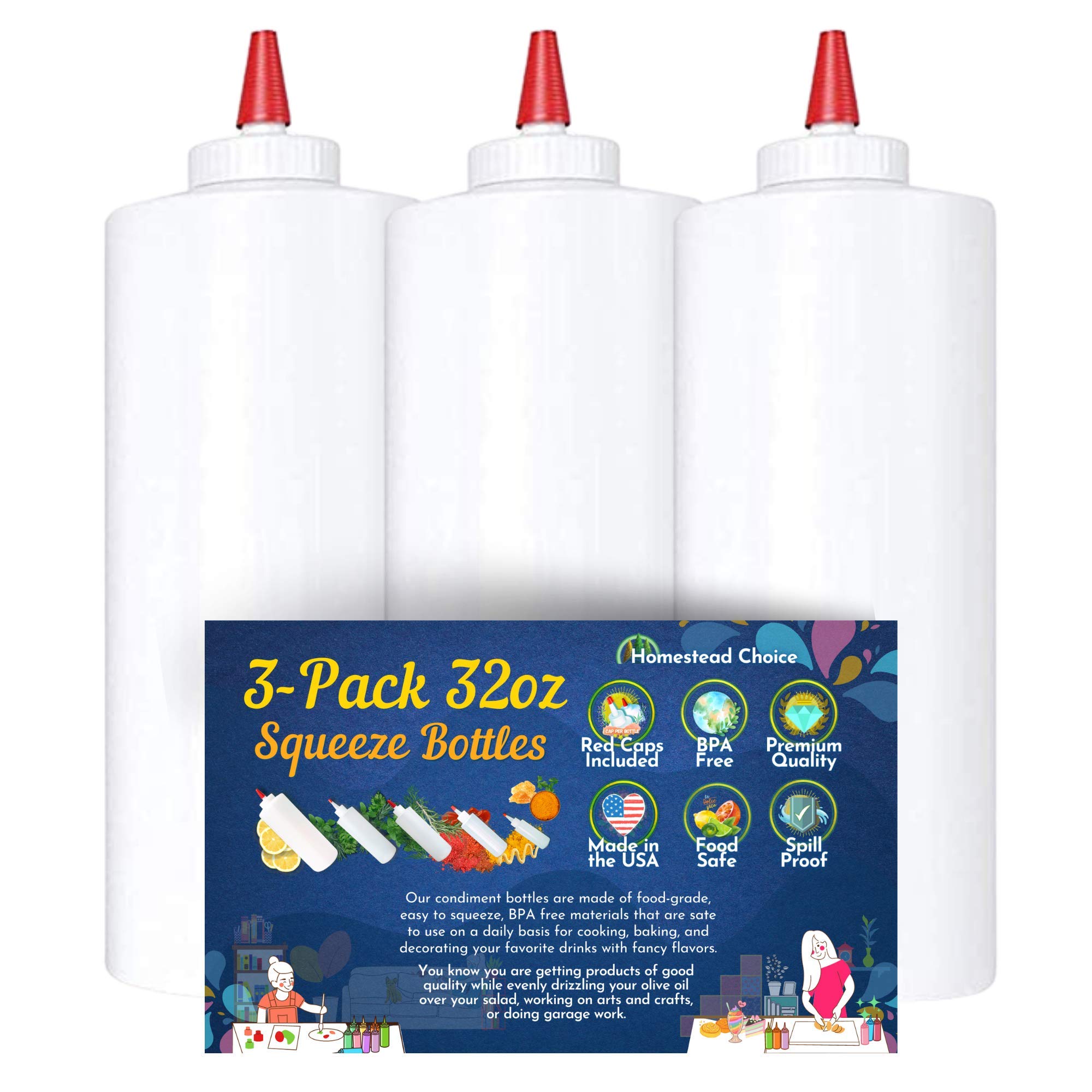 3-pack Plastic Squeeze Bottles for Sauces - 32 OZ Condiment Squeeze Bottles for Liquids - Made in USA - BPA Free Squirt Bottles with Cap - Ketchup, Syrup, Oil, Dressings, Honey & Arts and Crafts