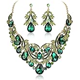 BriLove Women's Bohemian Boho Crystal Teardrop Filigree Leaf Hollow Statement Necklace Dangle Earrings Set