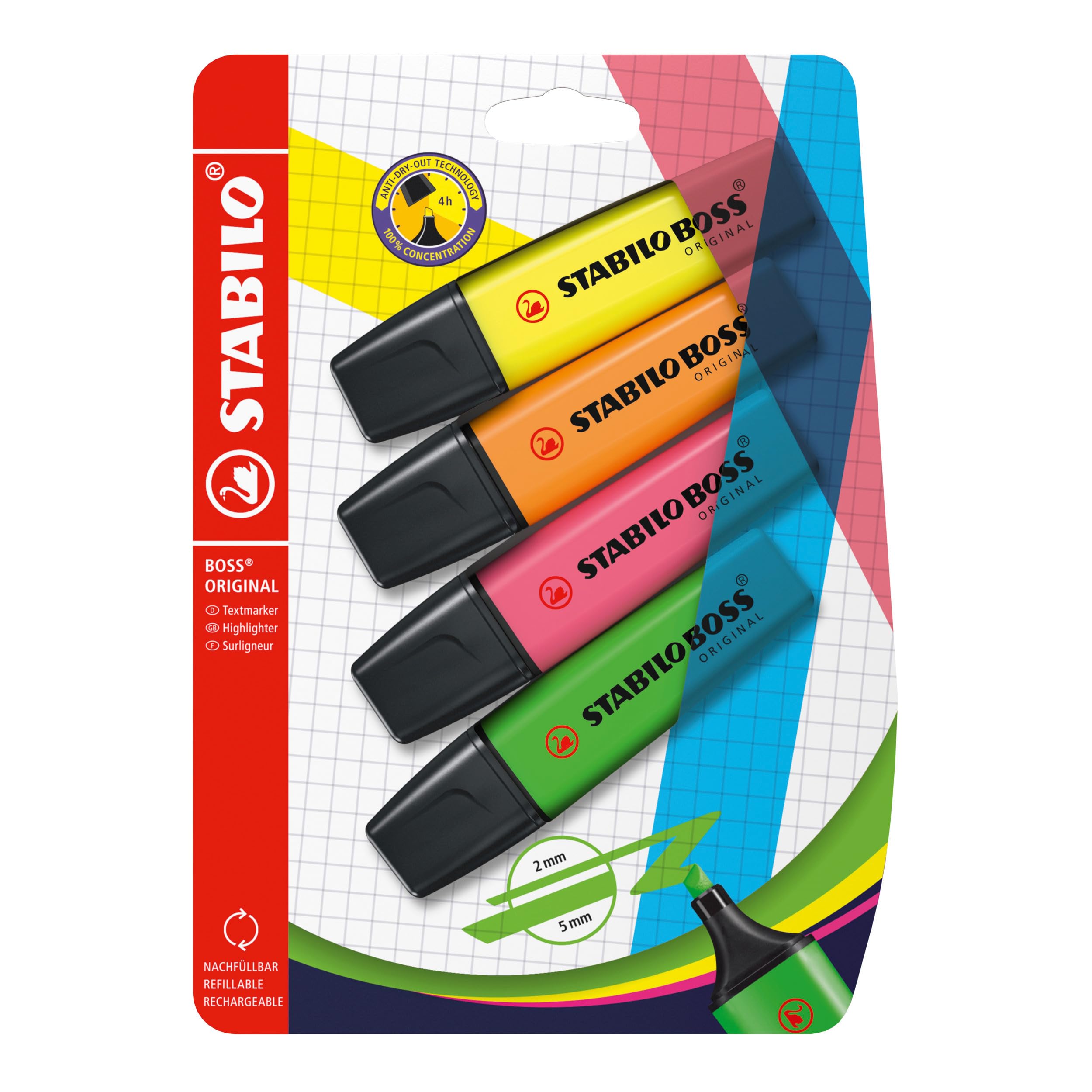 STABILO BOSS ORIGINAL - Highlighter - Pack of 4 - Green, Pink, Orange, Yellow