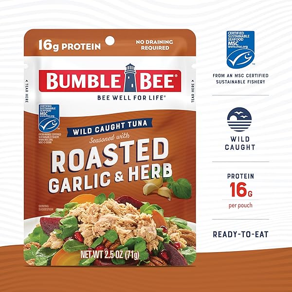 BUMBLE BEE ROASTED GARLIC & HERB SEASONED TUNA, 2.5 OZ POUCH – READY TO EAT – WILD CAUGHT TUNA PACKET – 16G PROTEIN PER SERVING – GLUTEN FREE