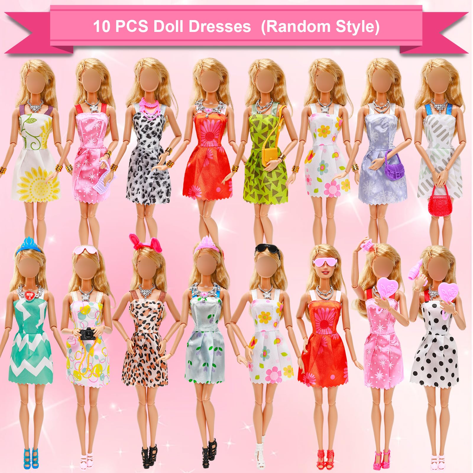 BARWA 53 pcs Doll Clothes and Accessories 10 pcs Party Dresses with 42 pcs Shoes, Crown, Necklace, Hangers, Bags, Accessories for 11.5 inch Doll
