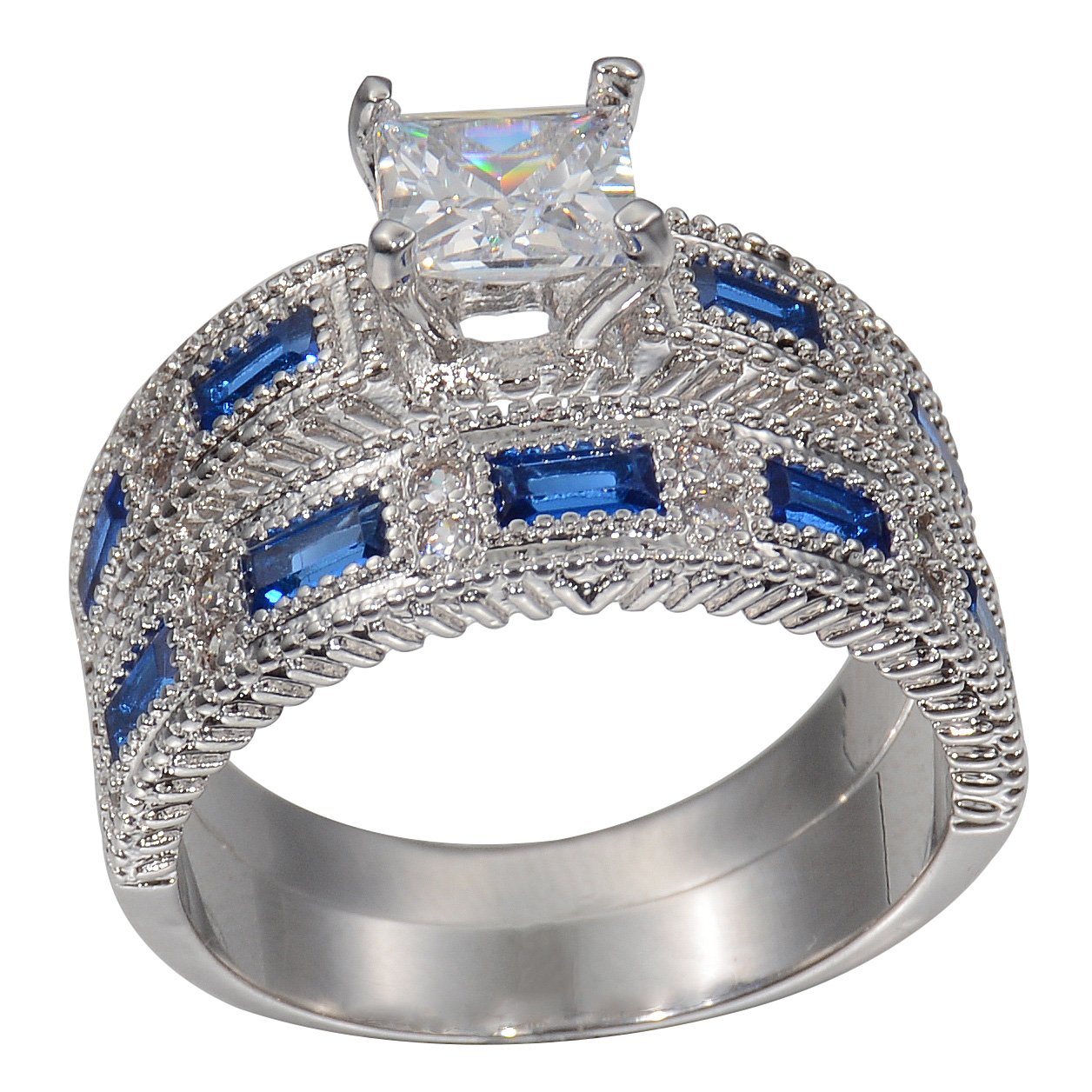 LAVUMO Bridal Set Princess Cut Simulated Blue Sapphire CZ Promise Engagement Wedding Ring Sets for Women Rhodium Plated Size 6 7 8 9 (6)