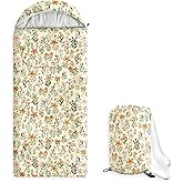 Wake In Cloud - Kids Sleeping Bag for Girls Toddlers, Camping in Warm Cold Weather, Backpacking Lightweight Compact Outdoor Liner for 3 Seasons Summer Spring Fall, Flowers Orange Cream