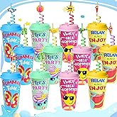 FZR Legend 24 Sets Pool Beach Birthday Party Decorations Cups with Summer Silly Straws Bulk, 16 OZ Pool Reusable Plastic Cups with Lids, Summer Party Favors Supplies for Kids