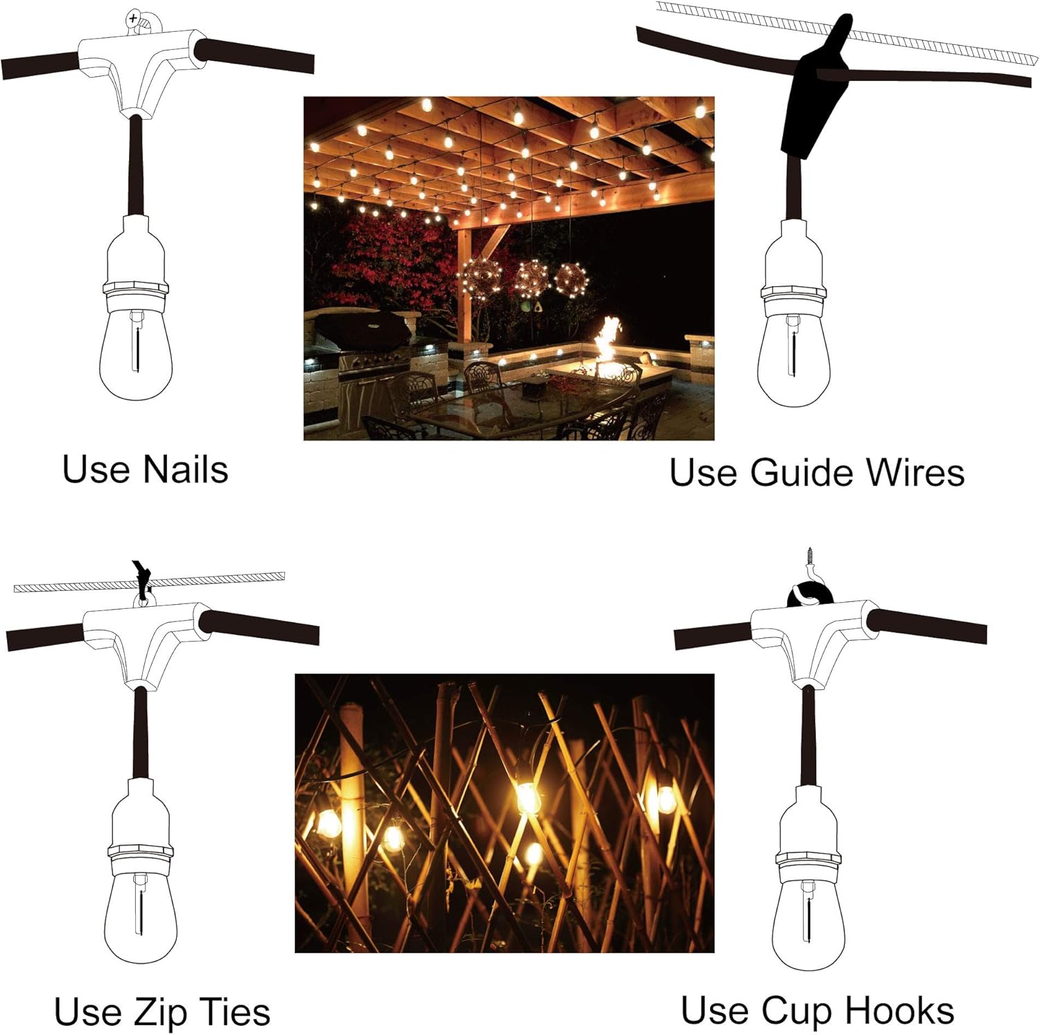 Outdoor String Lights LED 100FT Commercial Grade Heavy Duty Light String Lights with 30 Sockets 32 Shatterproof Plastic Bulbs Include 2 Spare S14 Dimmable Edison Bulbs Patio Market Cafe String Lights - - 