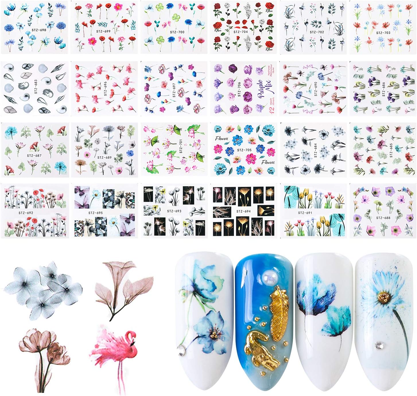 Nail Art Stickers, FunPa 24 Sheets Nail Stickers Floral Pattern Water Transfer DIY Nail Decals Self-Adhesive Stickers for Women Girls Nail Art Accessories Decals Manicure DIY or Nail Salon: Arts, Crafts & Sewing