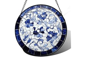 AMDERVEN Stained Glass Window Hanging, Blue and White Abstract Flowers Sun Catcher for Door Home Decor Suncatcher Christmas Mother's Day Birthday Gifts for Women Men Mom and Nana 9.8 in
