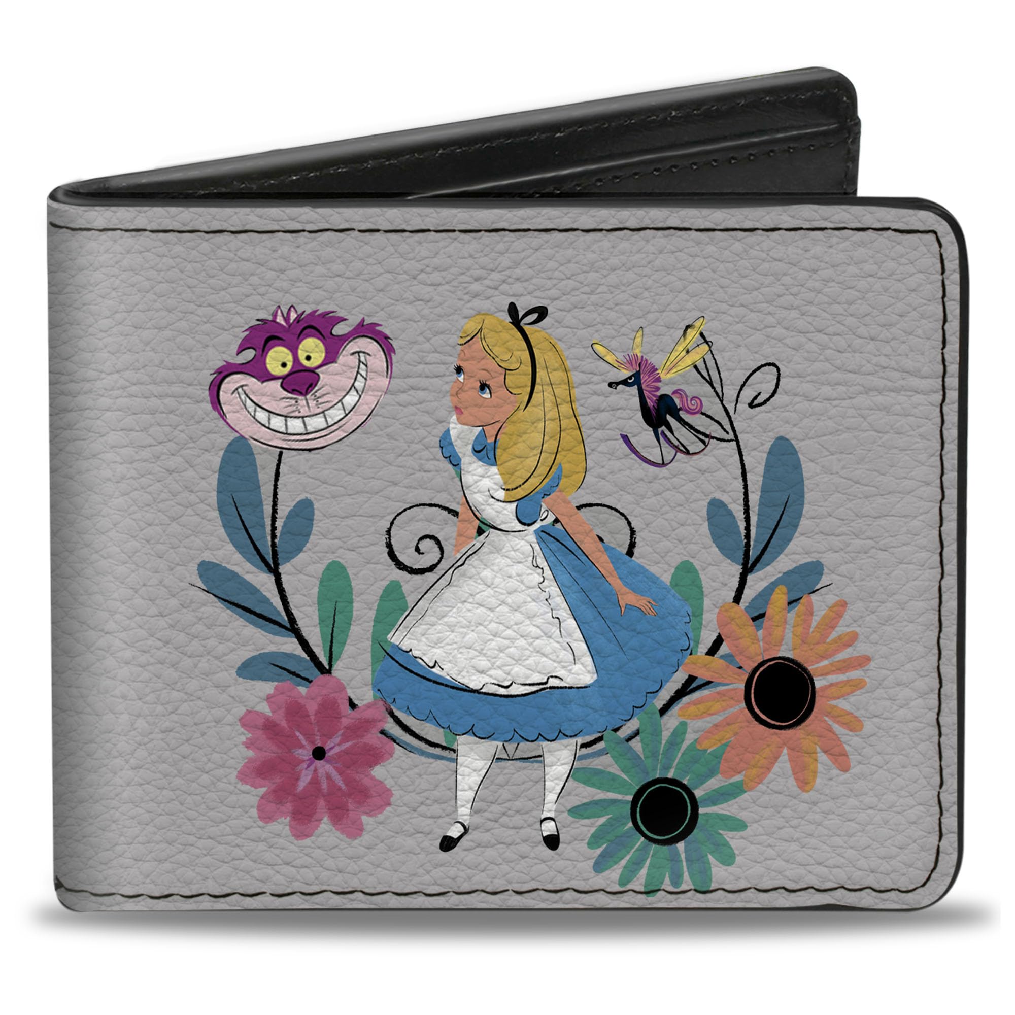 Buckle-Down Men's Alice Pose/Cheshire Cat Face Wonderland2 + Flower Bi-Fold Wallet, Multicolor, Default Size