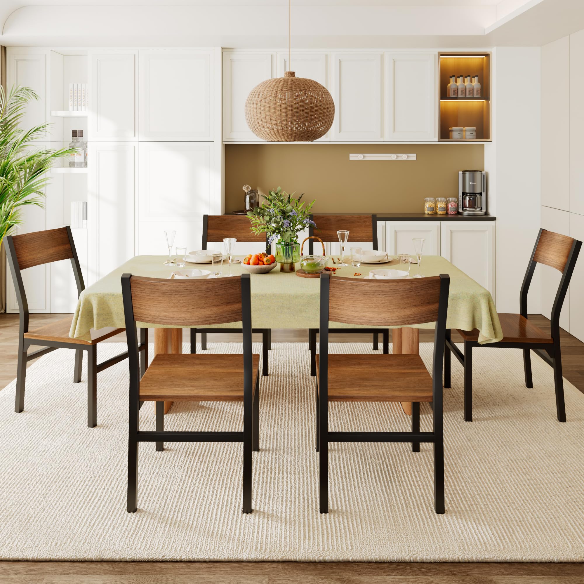 Photo 1 of Feonase Dining Chairs Set of 6, Modern Kitchen Chairs with Ergonomic Backrest, MDF Board and Metal Legs, Dinner Chairs for Dining Room, Kitchen and Living Room, Walnut