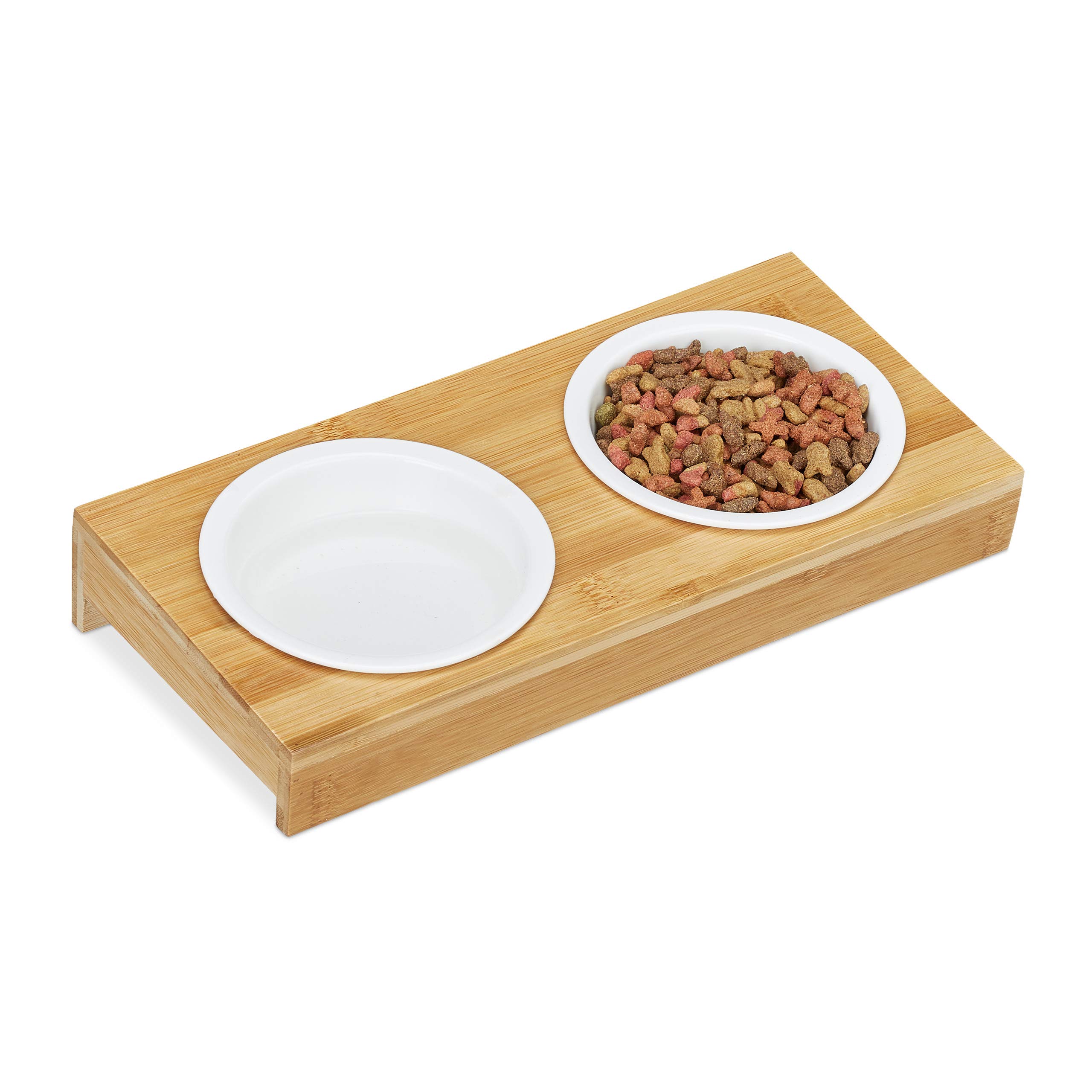 Relaxdays Pet Feeding Station, 2x Dog Bowls, Cat, Small Animals, Wood Stand, Ceramic Bowls, each 200 ml, Natural/White