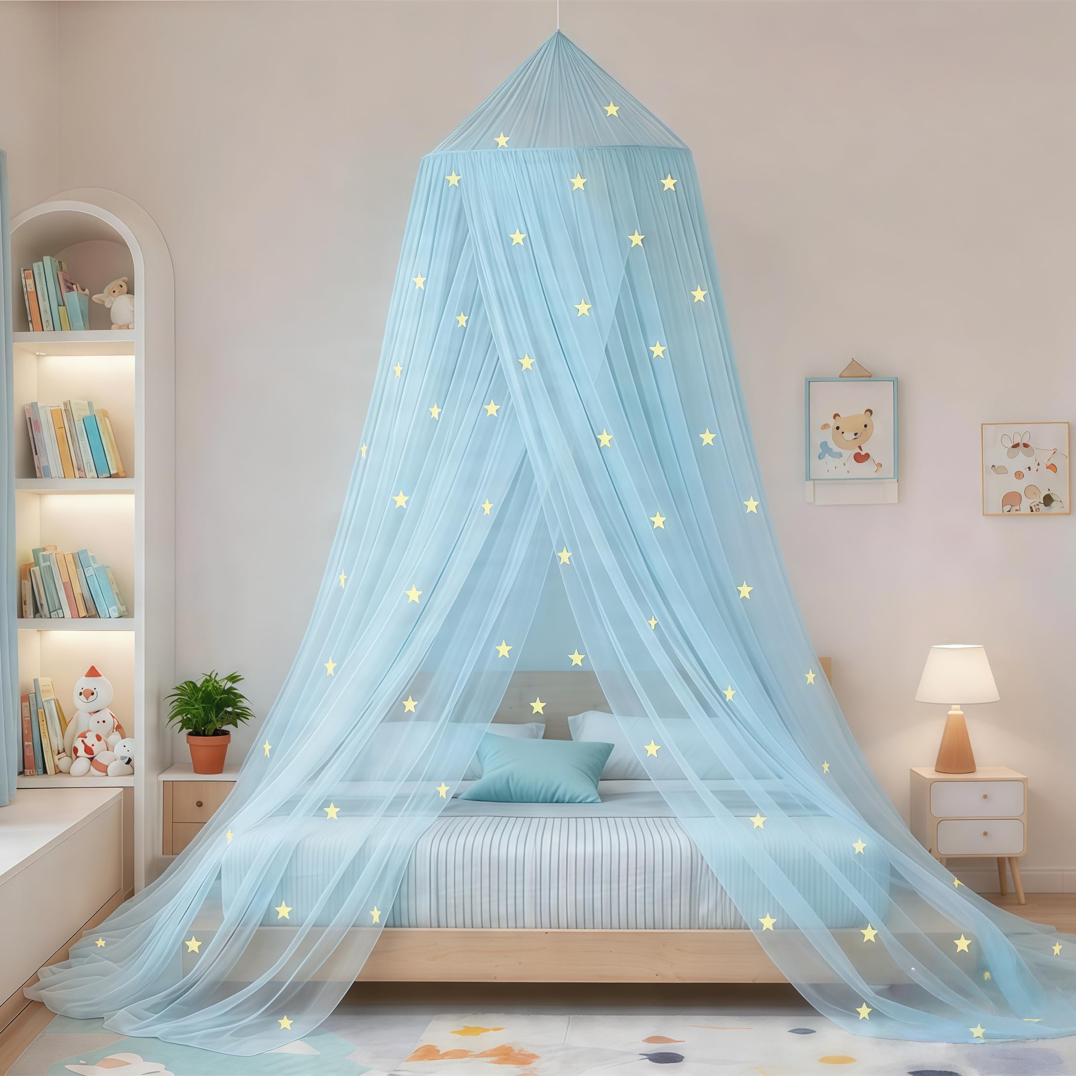 Eimilaly Stars Bed Canopy Glow in The Dark, Bed Canopy for Girls Mosquito Net, Princess Canopy for Girls Bed Room Decor, Blue — image 1