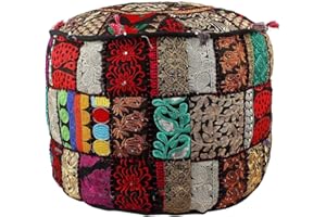 AAKRITI GALLERY Aakriti Indian Footstool with Embroidery Pouf, Indian Cotton, Pouf, Ottoman Pouf Cover with Ethnic Decor Art – Cover (Black, 46 x 33 cm)