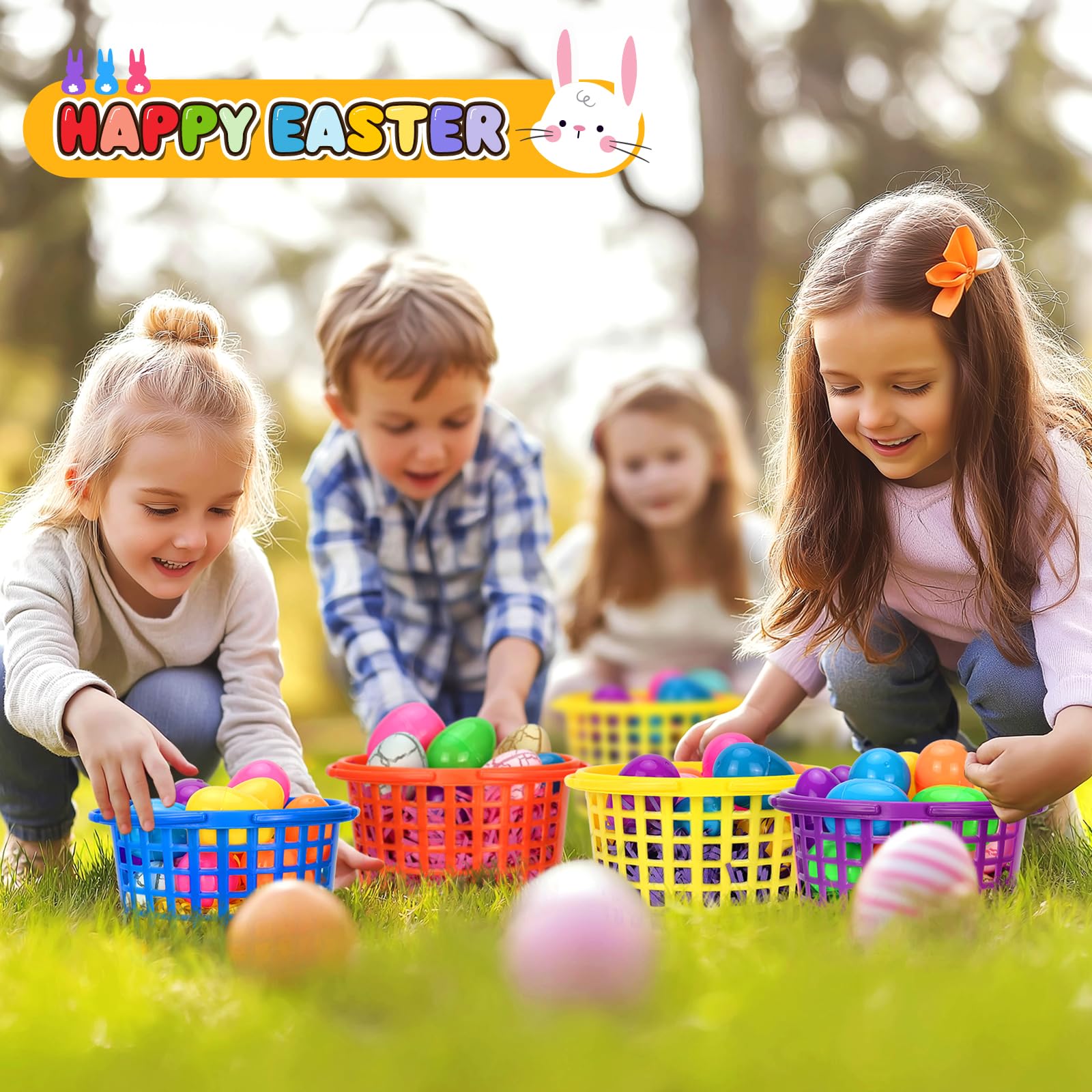 Evoio Easter Baskets in Bulk for Kids 24 PCS Plastic Easter Basket Bucket for Eggs Hunts Game, Classroom Eggs Collecting Baskets with 6 Color Raffia Paper Grass Filler Basket for Kids Egg Hunts Party