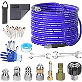 NIFUAL 100FT Sewer Jetter Kit for Pressure Washer, 5800PSI Drain Cleaner Hose 1/4 Inch NPT Corner, Rotating and Button Hose Sewer Jetting Nozzle Waterproof Tape Pearl Corsage Pin Spanner Glove