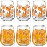 Maxcheck 6 Pack 18 oz Thanksgiving Wine Glasses Set Pumkin Stemless Wine Glasses Fall Party Drinking Cups Clear Drinking Tumbler for Homes and Bars for Party Gift