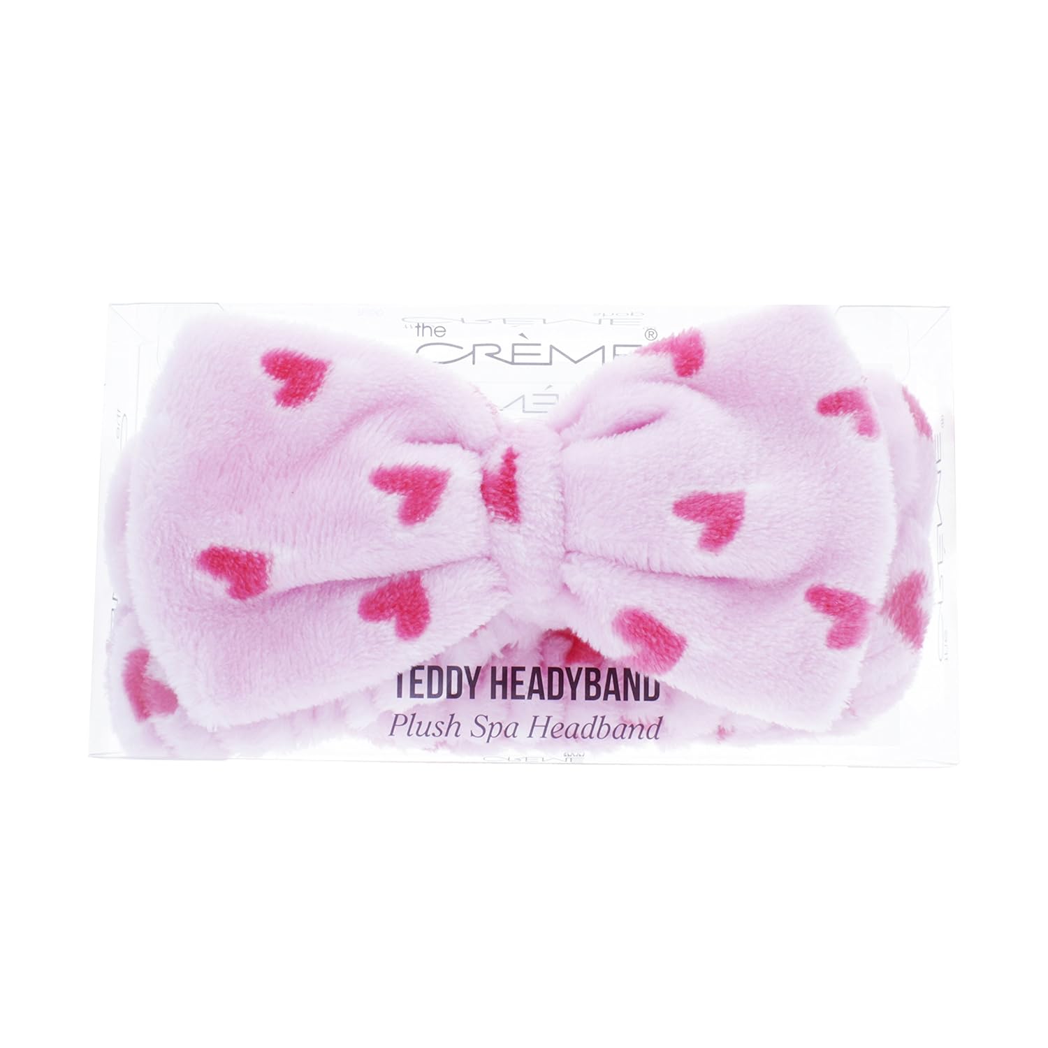 The Crème Shop Korean Skincare Beauty Facial Sweat Hair Towel, Non-slip Stretch Comfortable Wrap Band Adhesive Makeup Wash Spa Elastic - Classic Pink Teddy Headyband with Pink Hearts